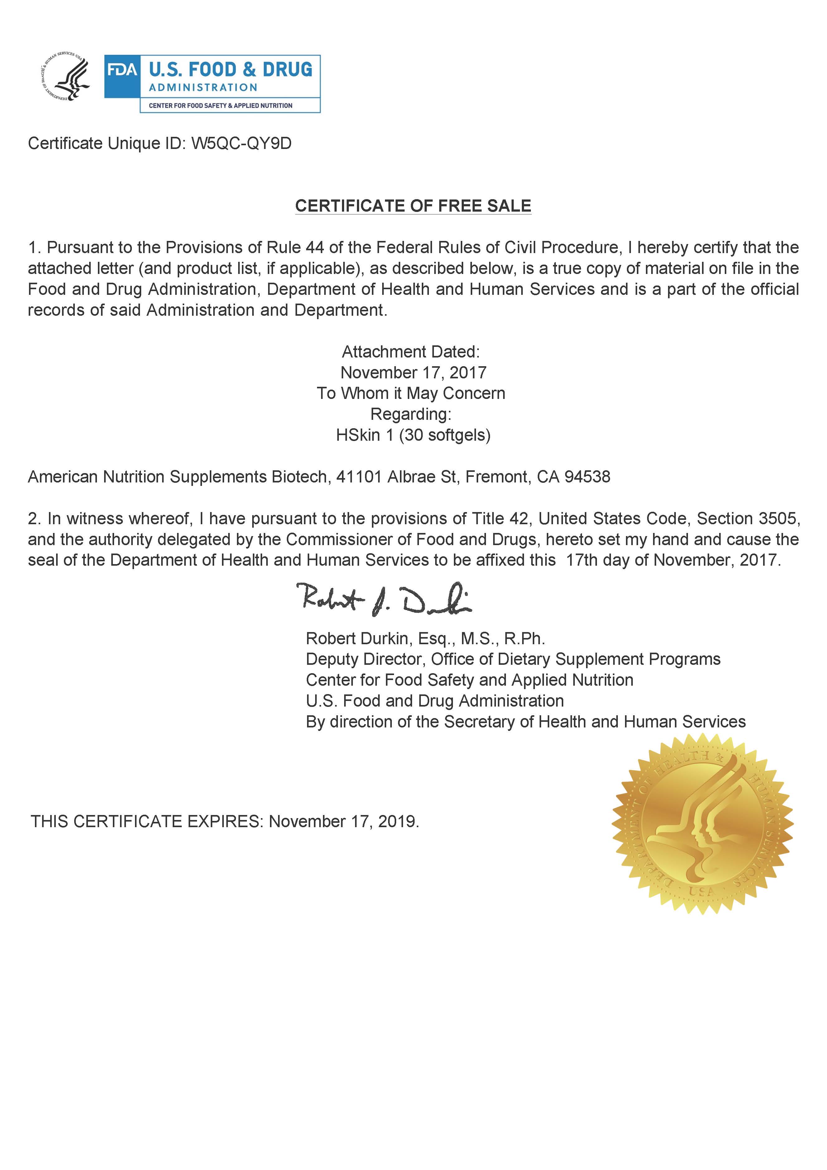 Certificate Of Free Sale ANSSS